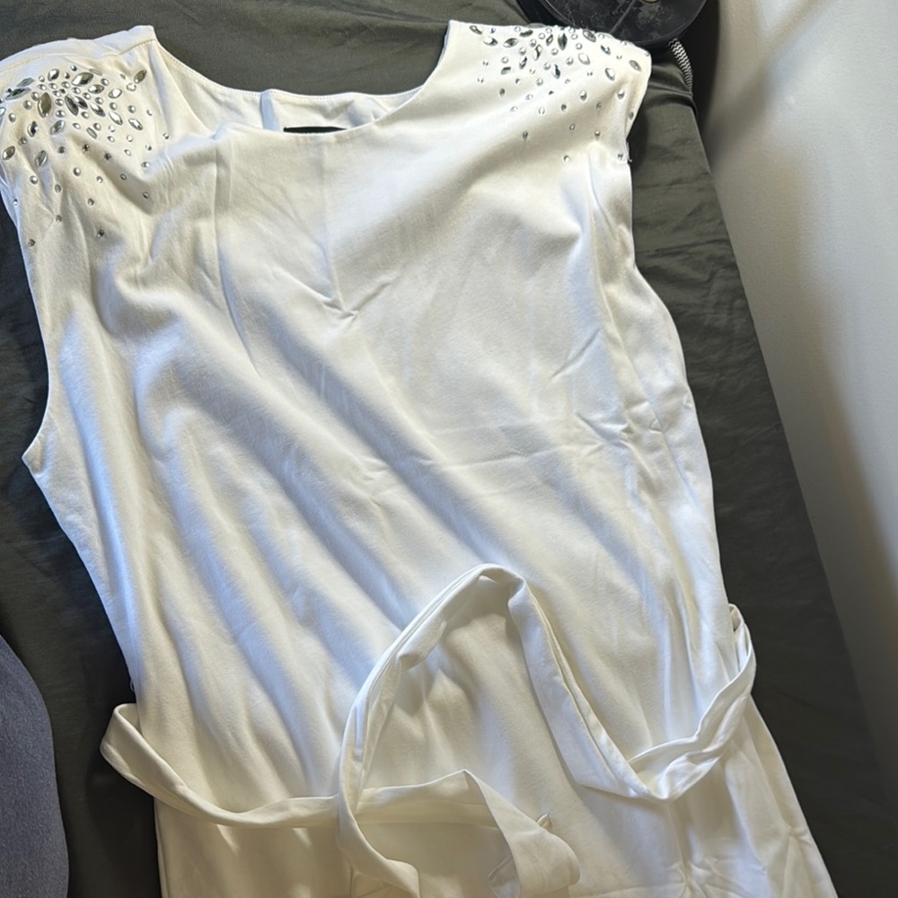 White Sleeveless Dress with Embellished Shoulders